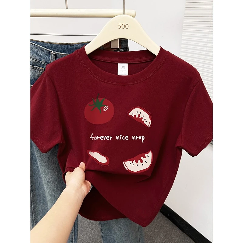 美式修身短袖t恤女中大童夏季初中高中学生遮肉显瘦正肩上衣