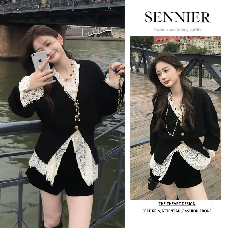 超火2025早秋新款女v领针织开衫气质蕾丝内搭长袖百搭短裤三件套