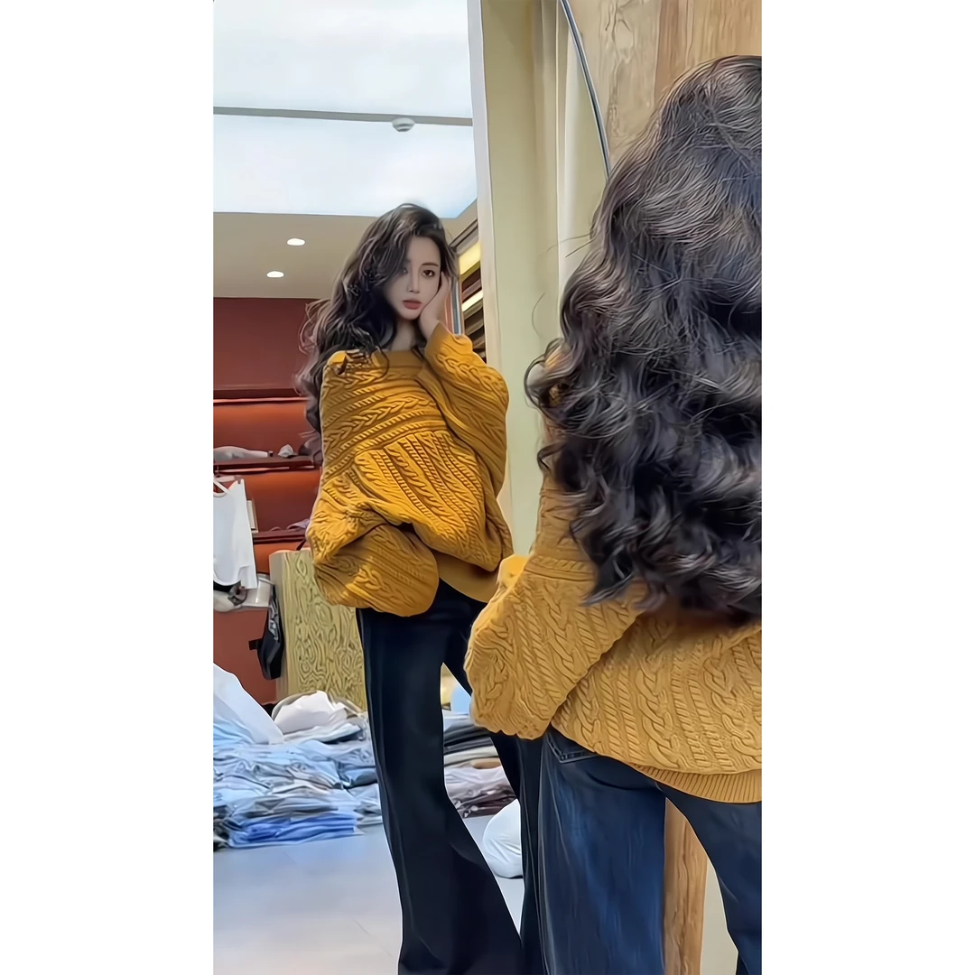 秋冬复古温柔风打底一字肩麻花针织毛衣上衣牛仔裤微喇叭裤马蹄裤