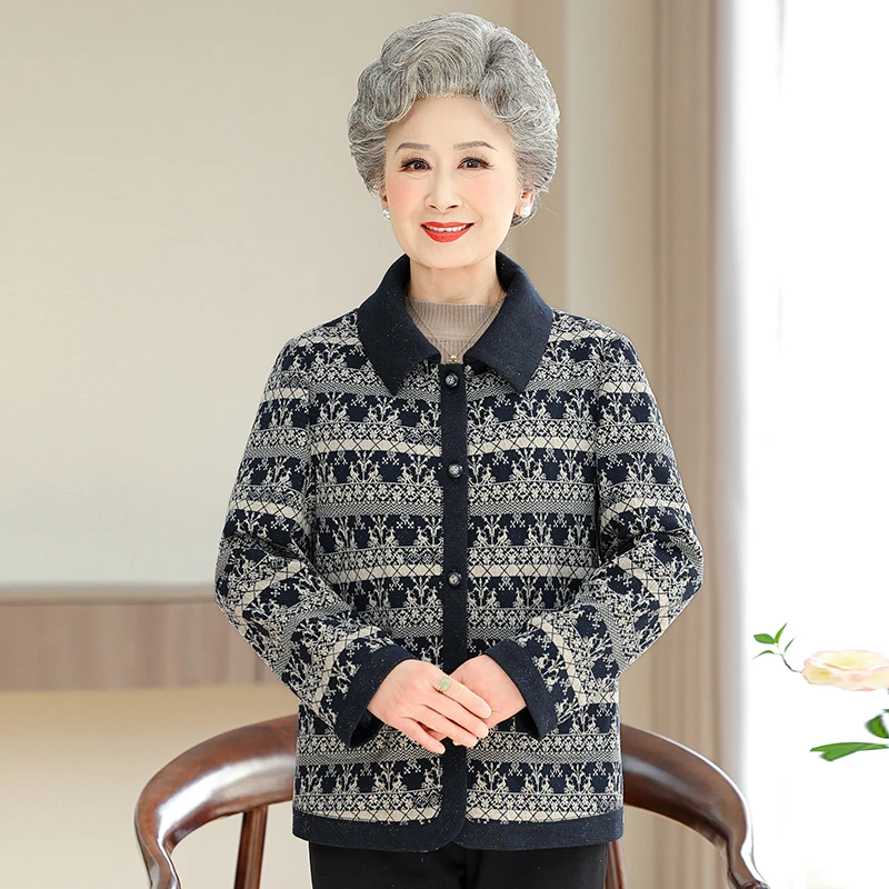 中老年人春装女妈妈夹克小香风外套短款洋气奶奶装春季毛呢翻领