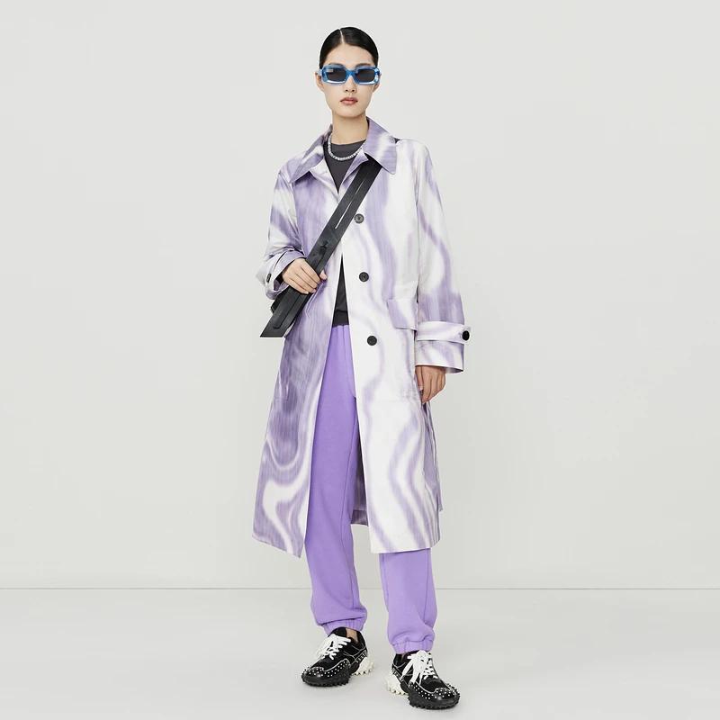 【婷婷专属】玛丝菲尔秋季紫色印花艺术感收腰秋冬风衣外套休闲