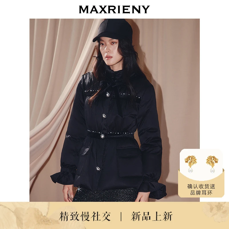 MAXRIENY法式复古x型立领收腰羽绒服25冬款系带白鸭绒保暖外套女