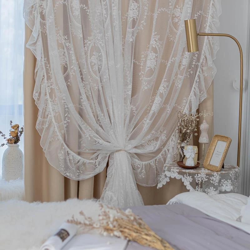 少女双层洛可可飘窗窗帘ins帘风布纱法式韩式一体纱帘遮光布蕾丝