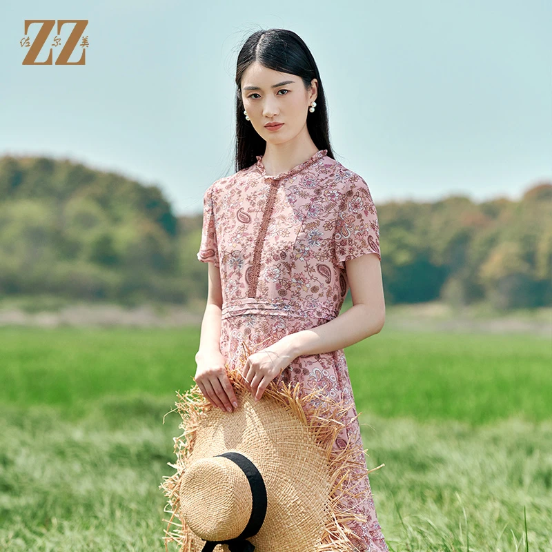 佐尔美裙子100%桑蚕丝真丝乔其小碎花夏季甜美连衣裙女E22LS09