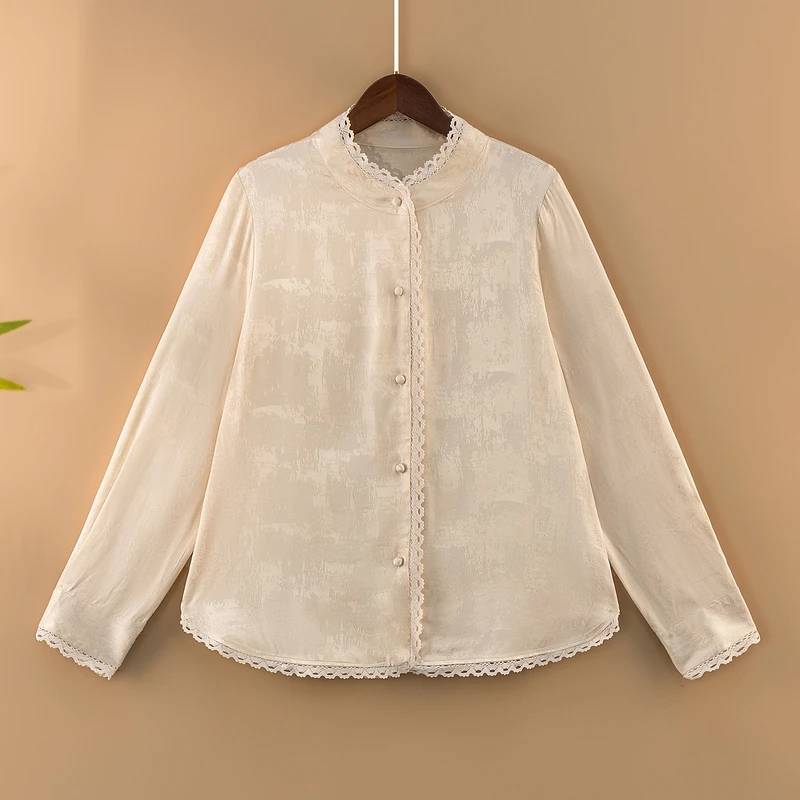 【沐婉】春季2025新款上衣小衫女装新中式国风立领蕾丝提花长袖衬衫
