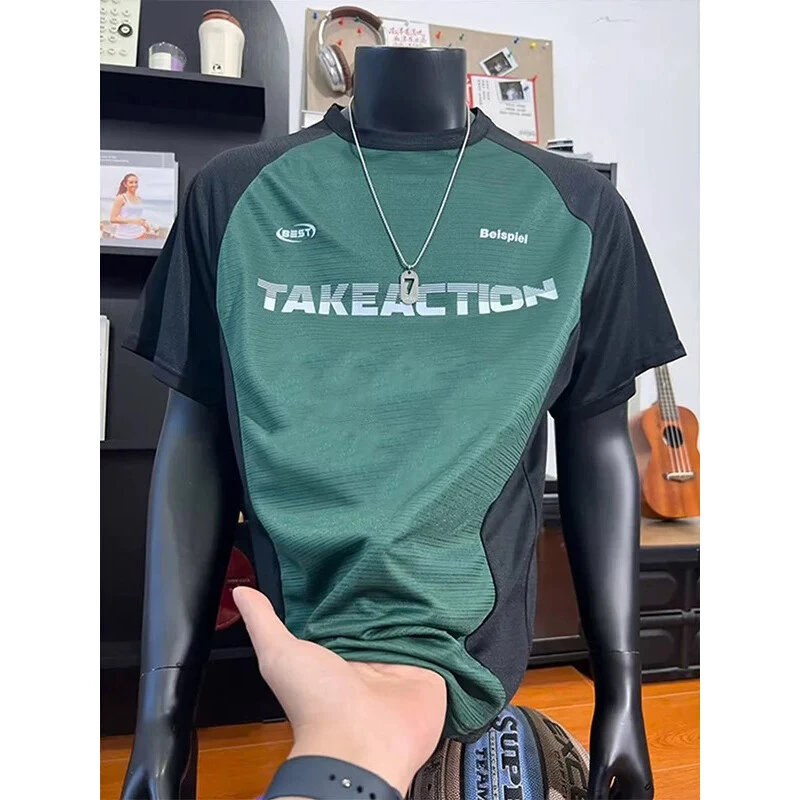 美式撞色插肩袖运动速干短袖男款投篮服足球衣健身t恤体能训练服