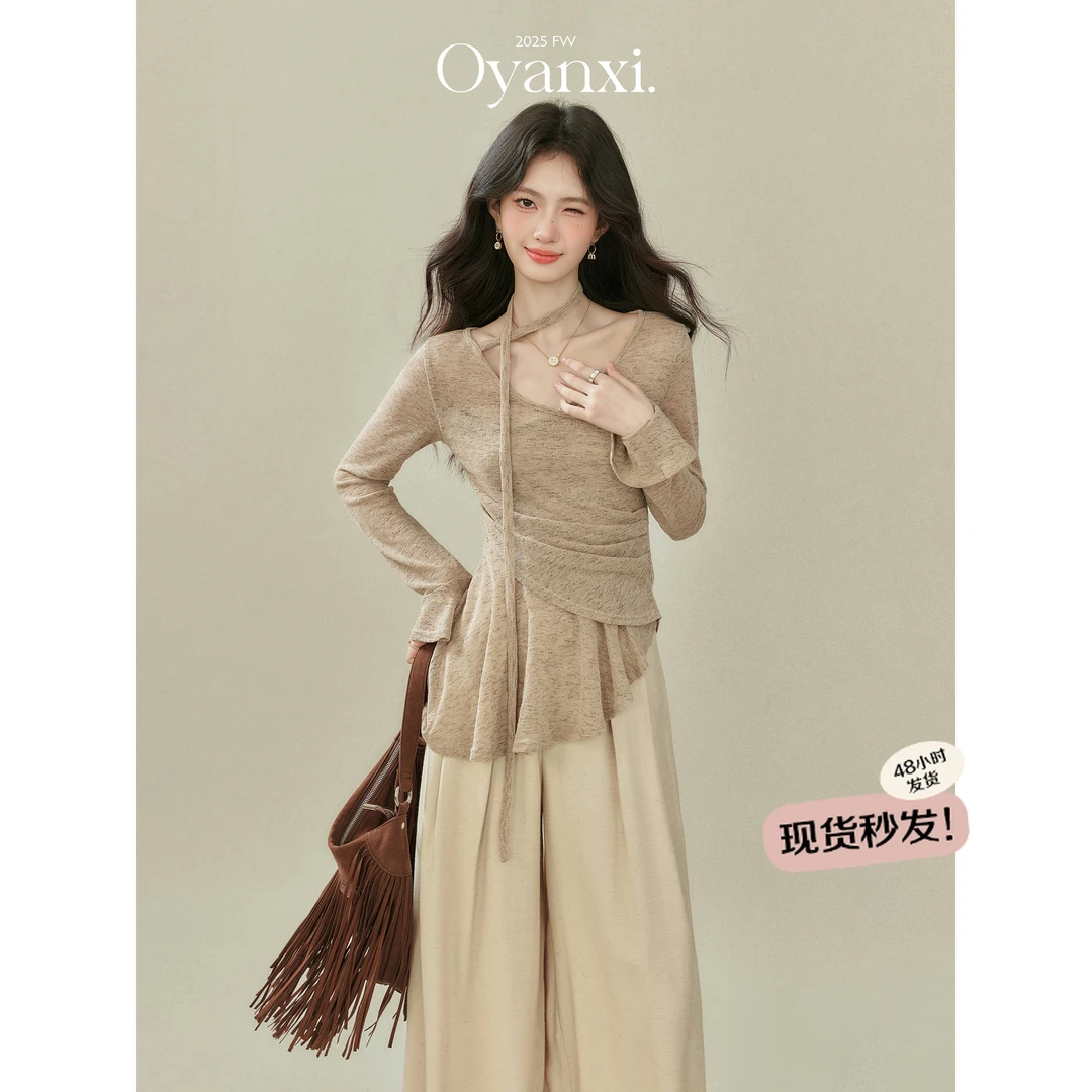 瑶瑶欧阳喜《杏花微雨》秋季女装新款不规则长袖针织衫T恤上衣女