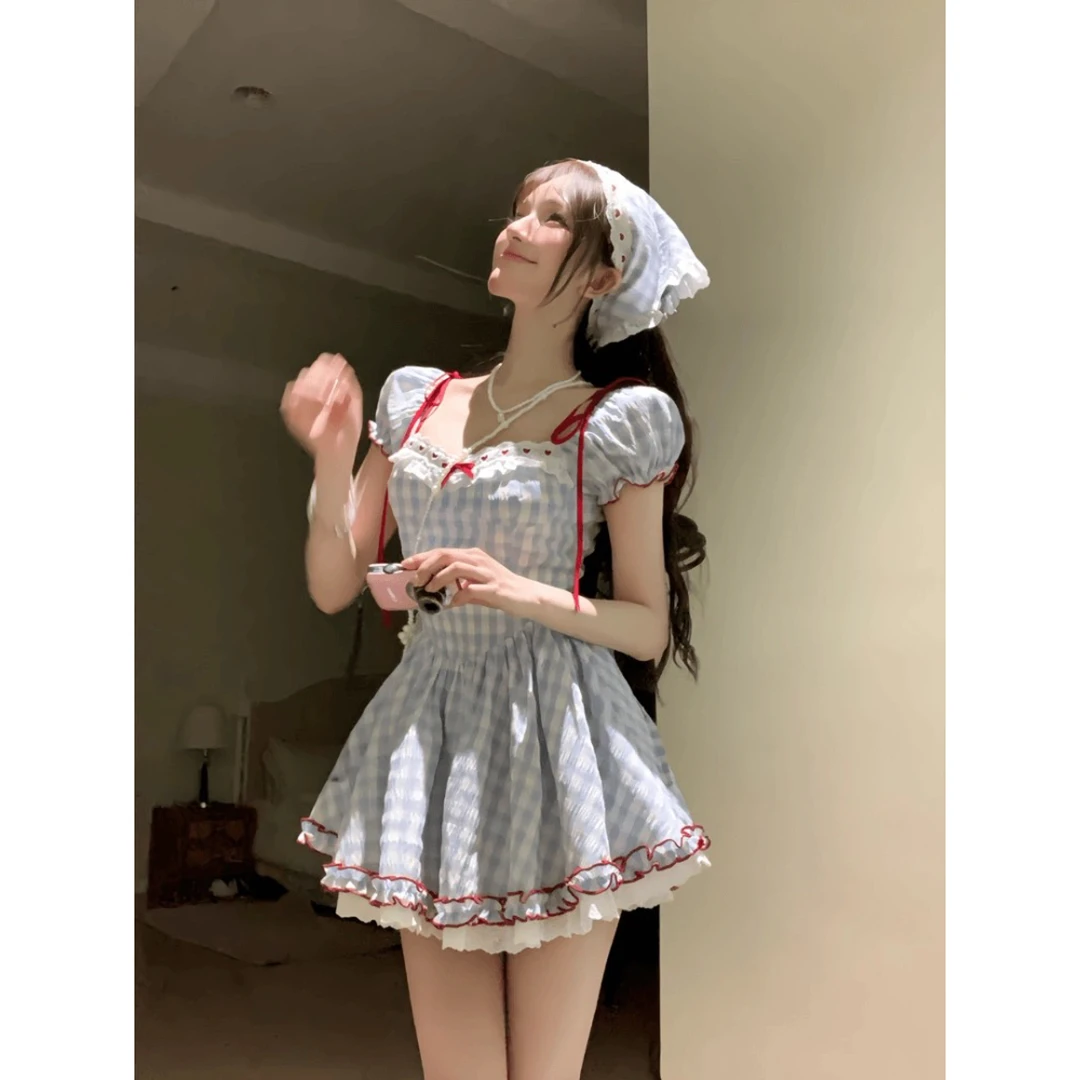 格林童话田园夏天短裙夏季收腰显瘦纯欲甜美法式方领裙子