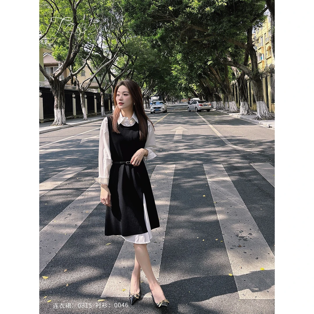 【小柒】0815柒量一裁小个子黑色圆领无袖针织连衣裙洋气裙子配腰带