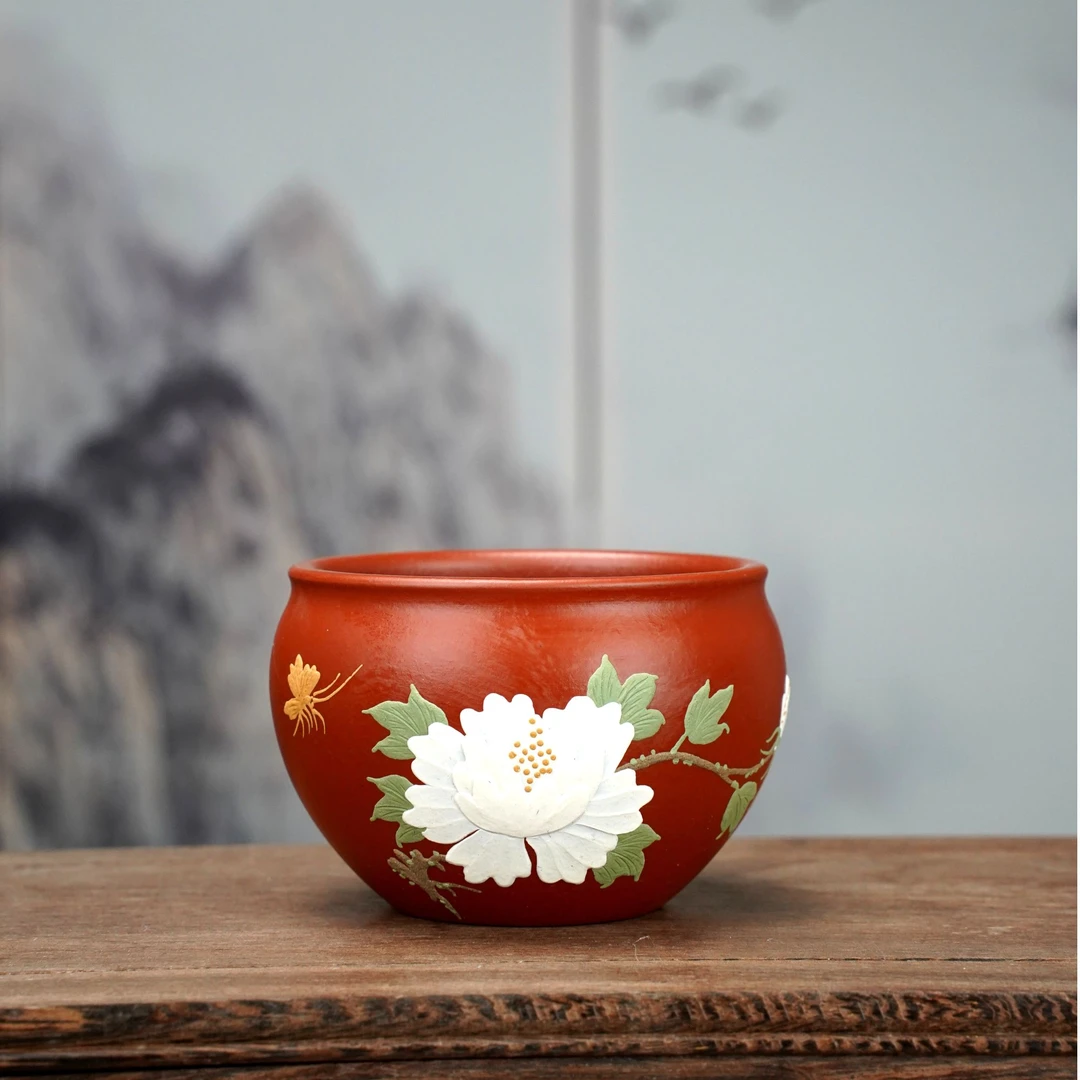 蝶恋花泥绘主人杯紫砂杯/150cc大红袍泥料/宜兴紫砂茶杯茶具水杯