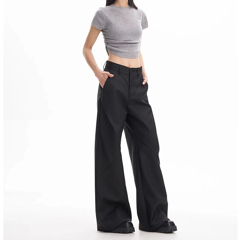 (现货）百搭黑色西装休闲阔腿镰刀裤春秋休闲女显瘦小个子工装长裤