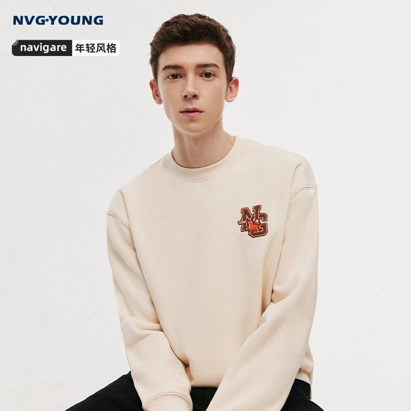 NVG·YOUNG意大利小帆船春季休闲字母卫衣男卡其色宽松套头衫上衣