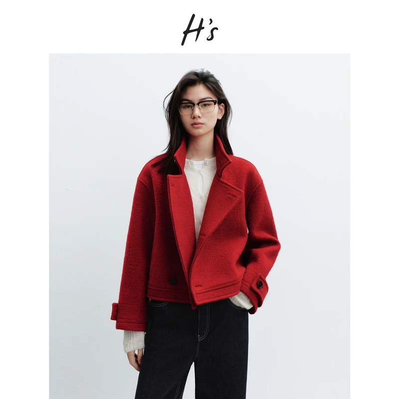 HS红色立领短外套女26春季新款高级设计感100绵羊毛圣诞新年上衣