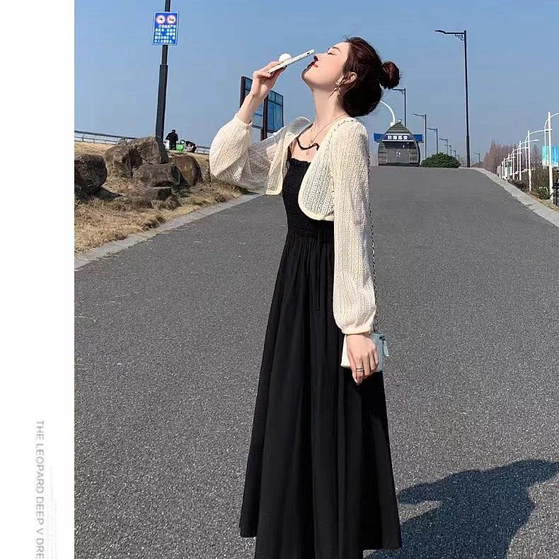 ES23091法式赫本风裹胸吊带防晒罩衫两件套