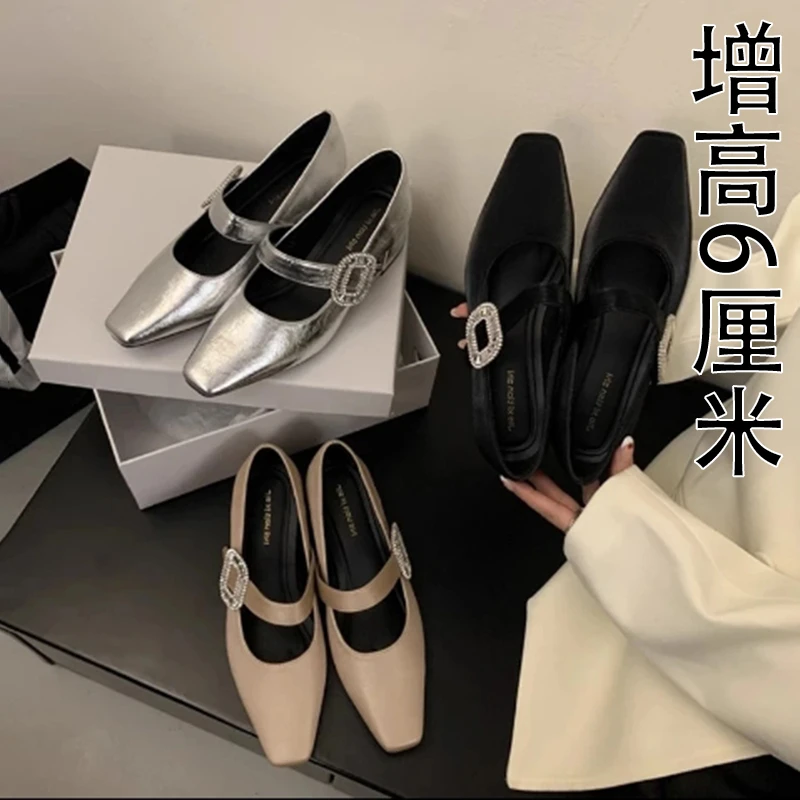 粗跟方头玛丽珍鞋2025年春季新款水钻法式方扣浅口一字带高跟单鞋