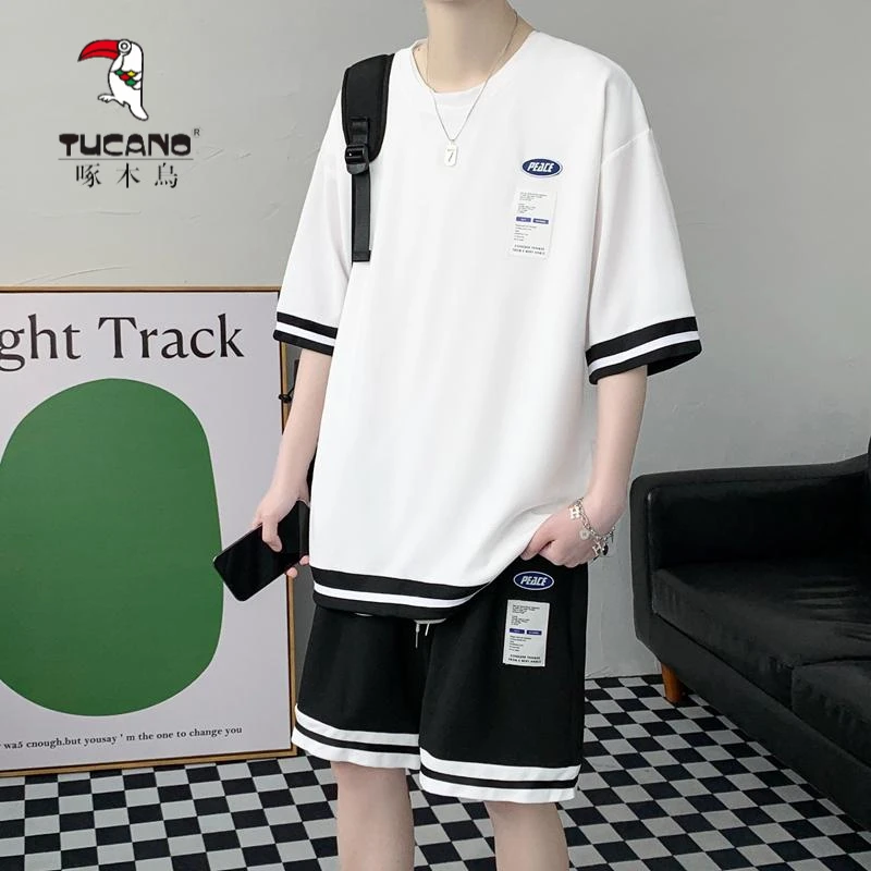 啄木鸟青少年初高中学生中大童夏季短袖T恤男孩ins短裤运动休闲潮