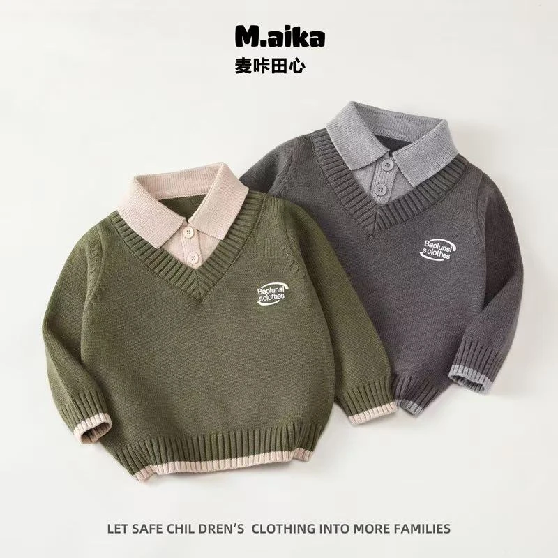 408男童加厚秋冬假两件新款衬衫领帅气男孩百搭洋气毛衣