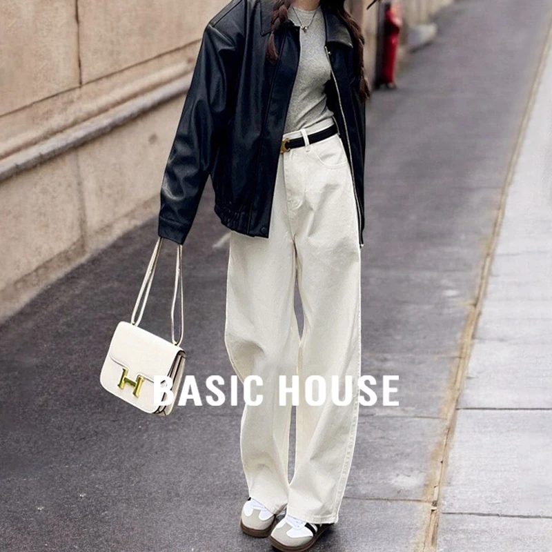 Basic House/百家好白色阔腿牛仔裤女2025秋季新款慵懒加长拖地裤