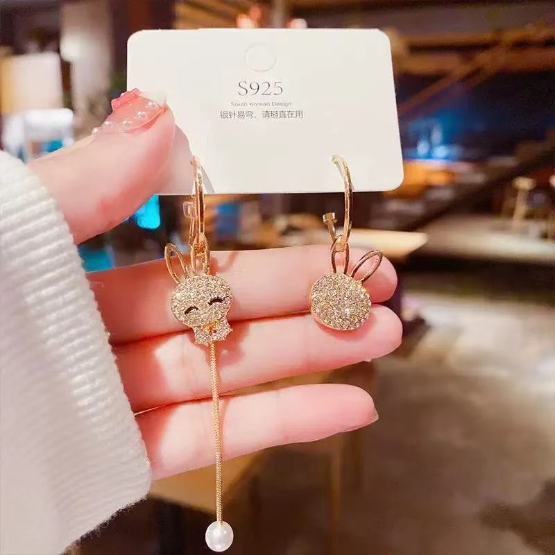 铜合金锆石耳饰 不对称微镶锆石兔子耳坠时尚个性AB长款流苏耳环