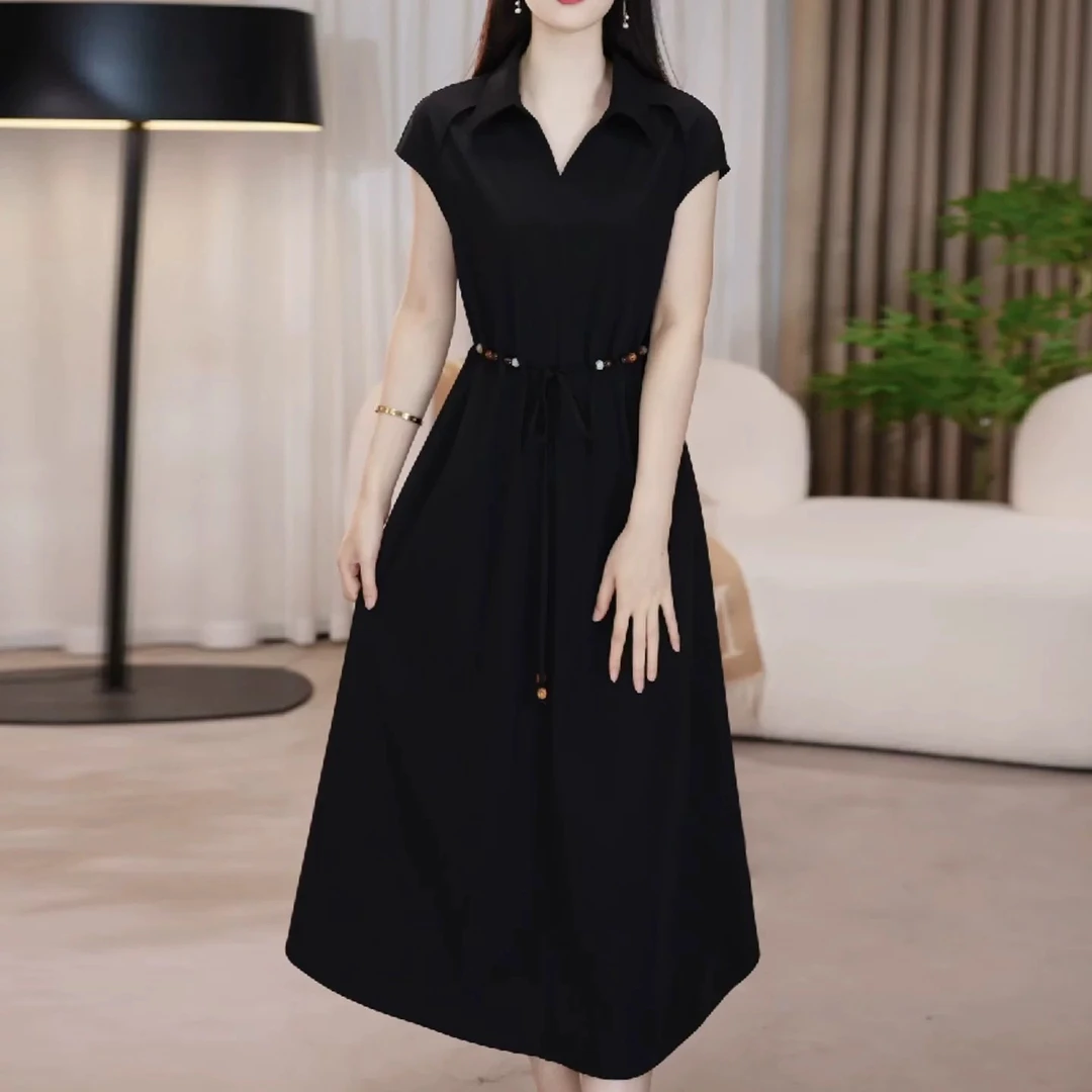 【衣雅严选】8222-1893#新款正版手工串珠系带软精纺翻领连衣裙