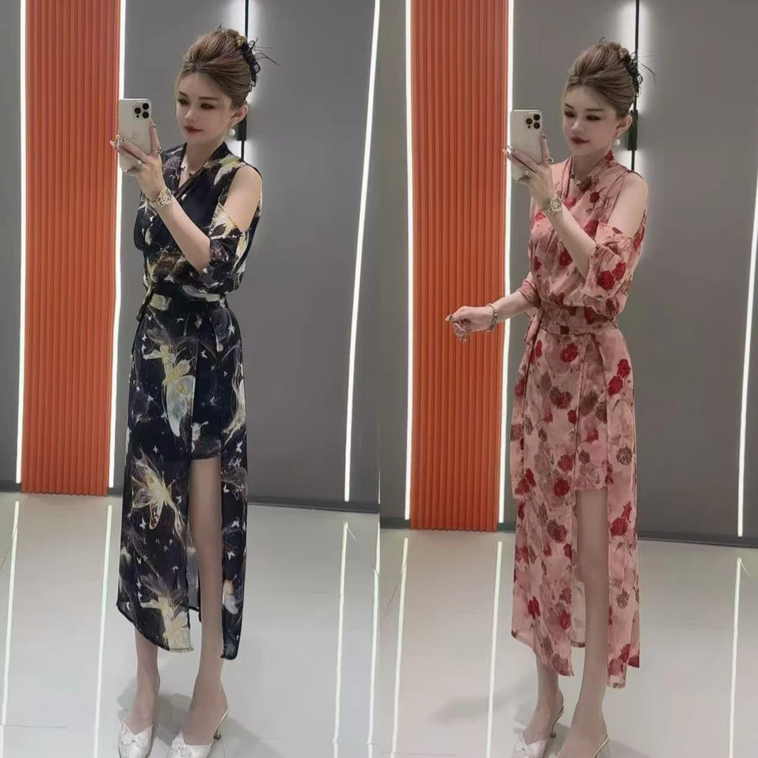 最新款3502 国风美肩网纱侧开衩收腰减龄上衣 加 长裤裙 两件套