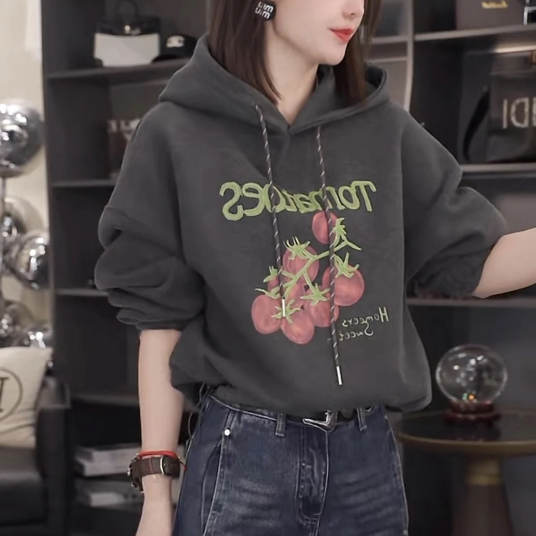 2025秋冬新款双面绒西红柿连帽抽绳卫衣女设计感短款小个子上衣