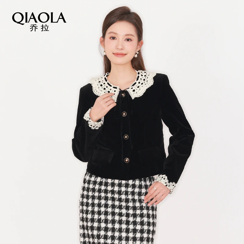 QIAOLA/乔拉【梦影棋盘】秋款小香风丝绒拼接蕾丝时尚百搭套装