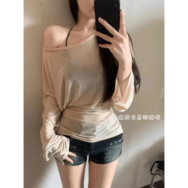纯欲轻薄微透长袖防晒T恤空调罩衫女夏季绑带设计感修身露肩上衣