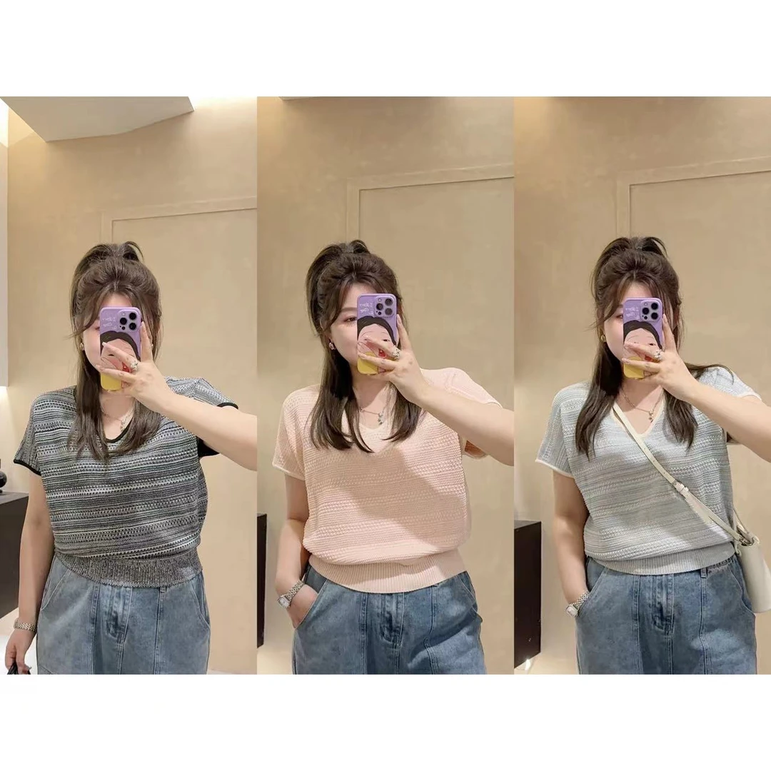 晶咕【晴岛桔梗】V领小上衣短袖冰麻短款休闲夏季设计感显瘦