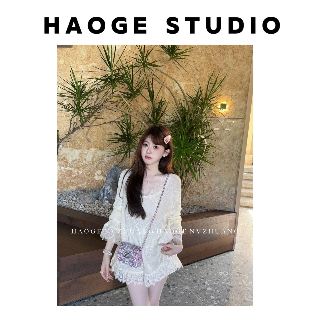 浩哥严选●美丽诺言女蕾丝边长袖上衣女秋季新款休闲宽松中长款
