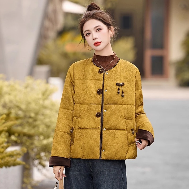 新中式国风羊毛棉服女2025冬季新款印花宽松短款棉袄高端时尚外套