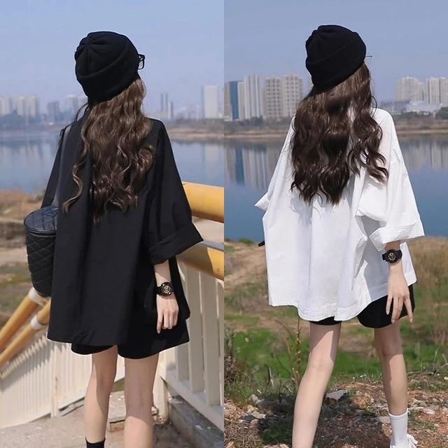 圆领宽松休闲白色衬衫上衣女2025春夏新款洋气显瘦中长款防晒衬衣