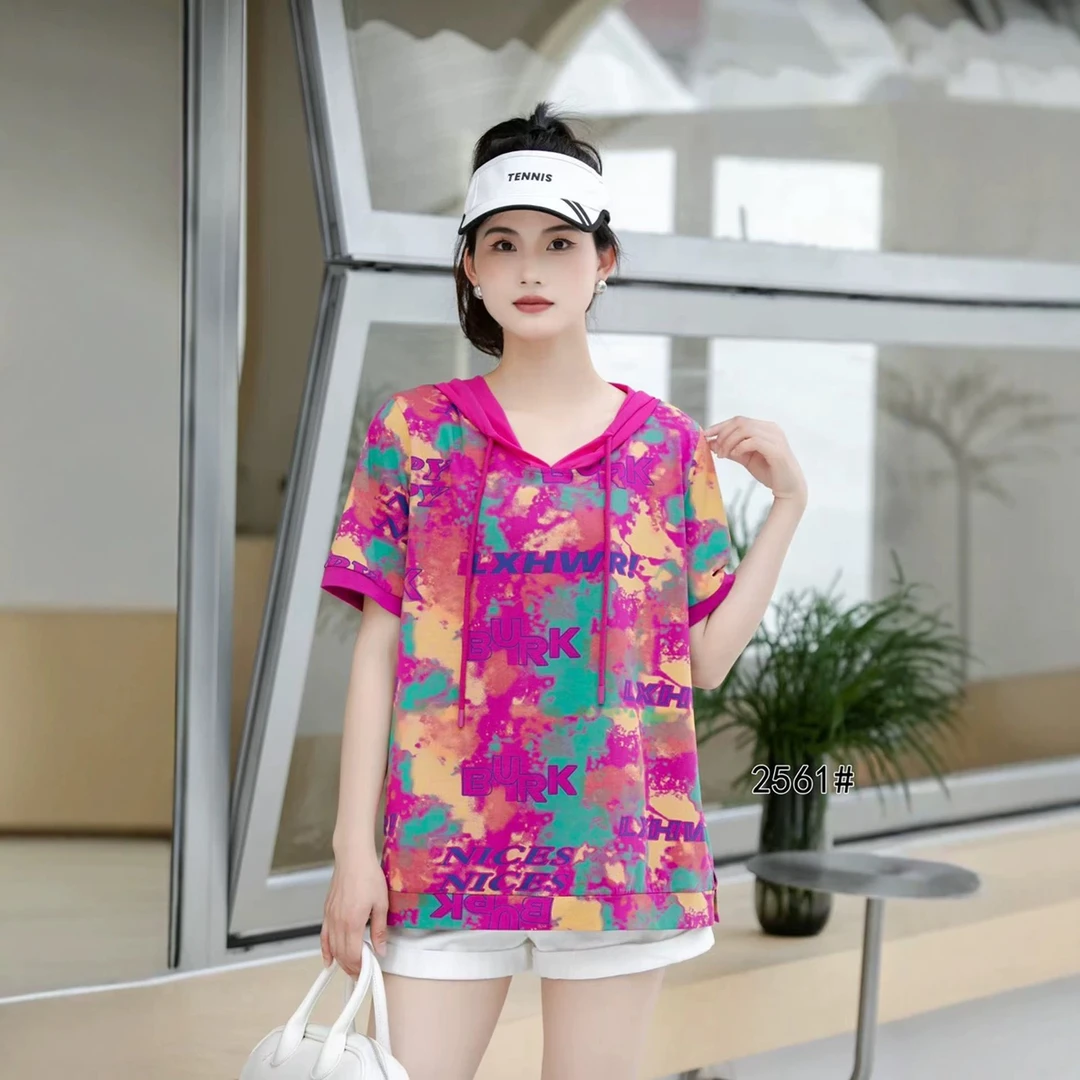 连帽立体装饰拼接短袖新潮风T恤大码透气夏季薄款迷彩洋气