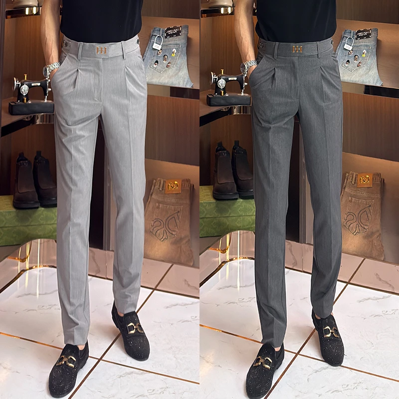 2025秋高档男裤新款百搭轻奢意式腰头时尚小脚男士西裤