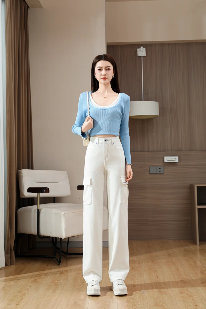 【寻野】4809秋季新款时尚百搭修身显瘦白色三防工装裤女