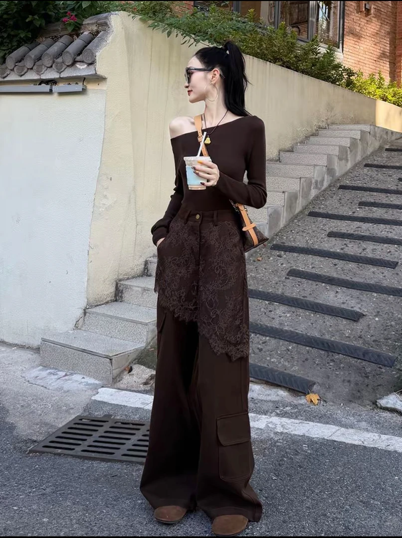 2025新款秋季穿搭ootd一整套小香风咖色T恤阔腿裤两件套装女上衣