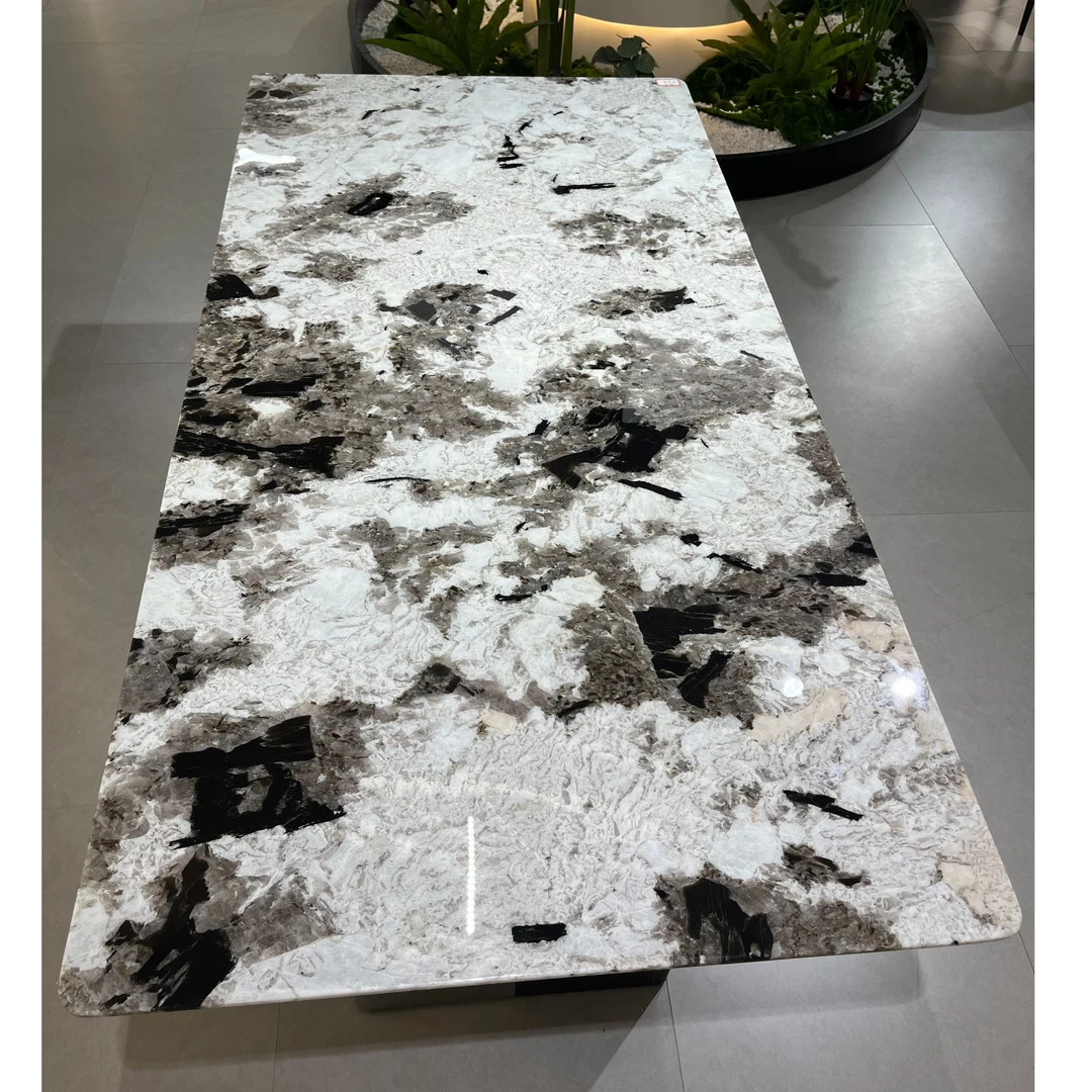 纯天然奢石金孔雀餐桌长方形家用高档豪宅进口大理石餐桌吃饭家用