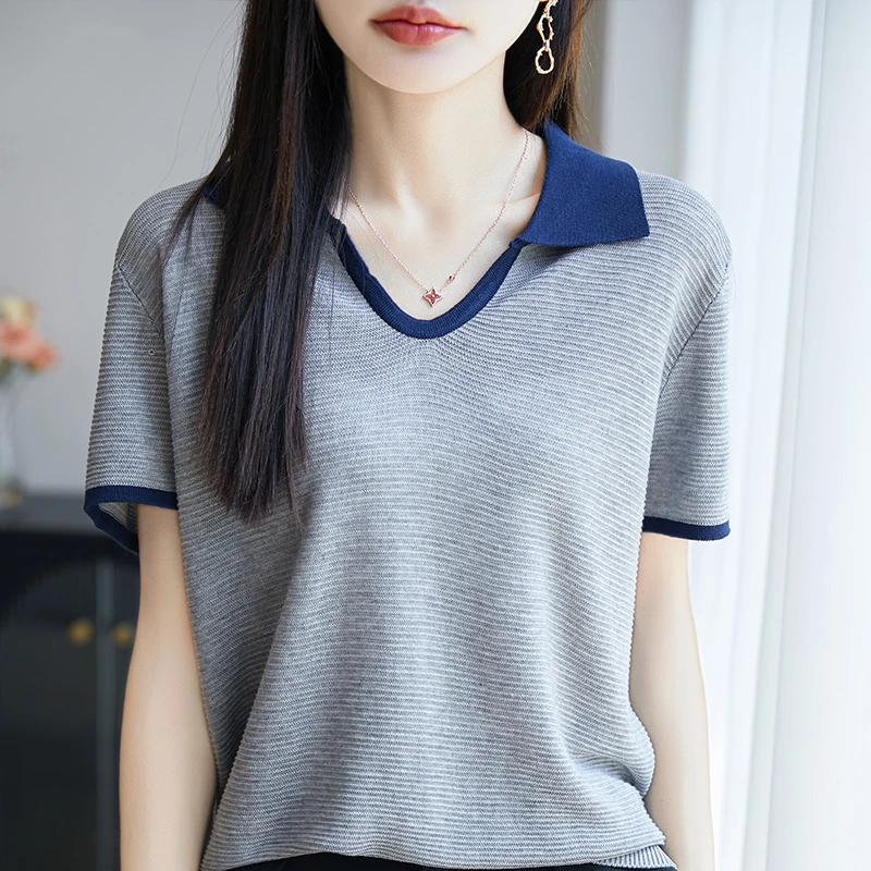 100%莱赛尔薄款翻领撞色百搭短袖宽松毛针织衫夏季休闲女女装