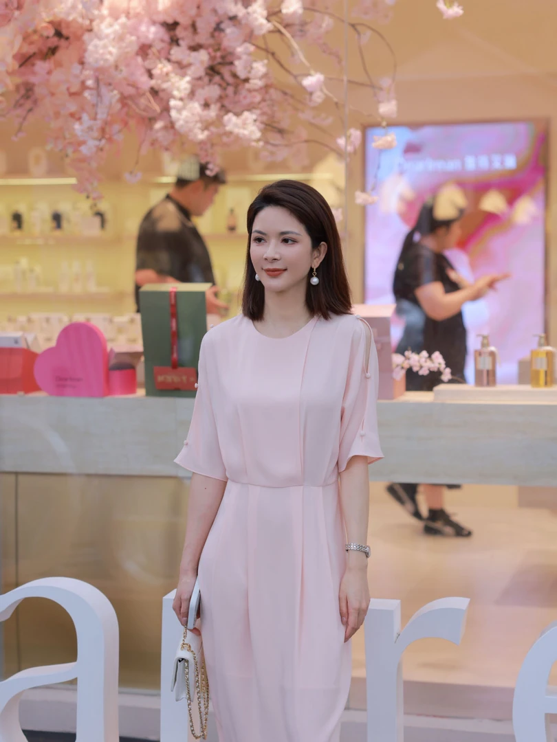 ANGELIAORIGINAL粉雾浪漫 醋酸圆领露肩中袖气质温柔风连衣裙#474