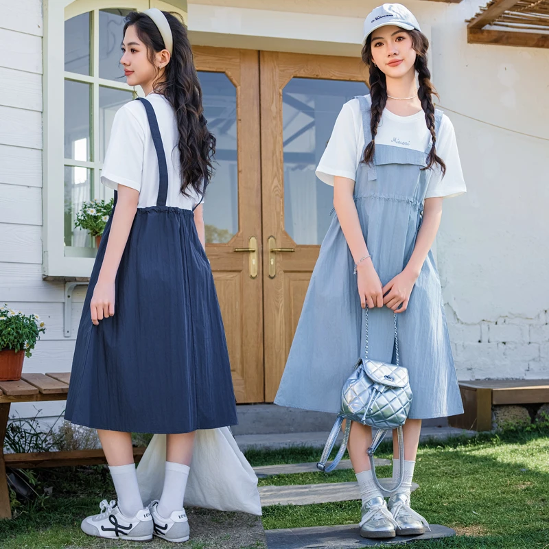 【单扣肩带连衣裙】女童夏季工装风背带裙假两件裙子初中学生25163