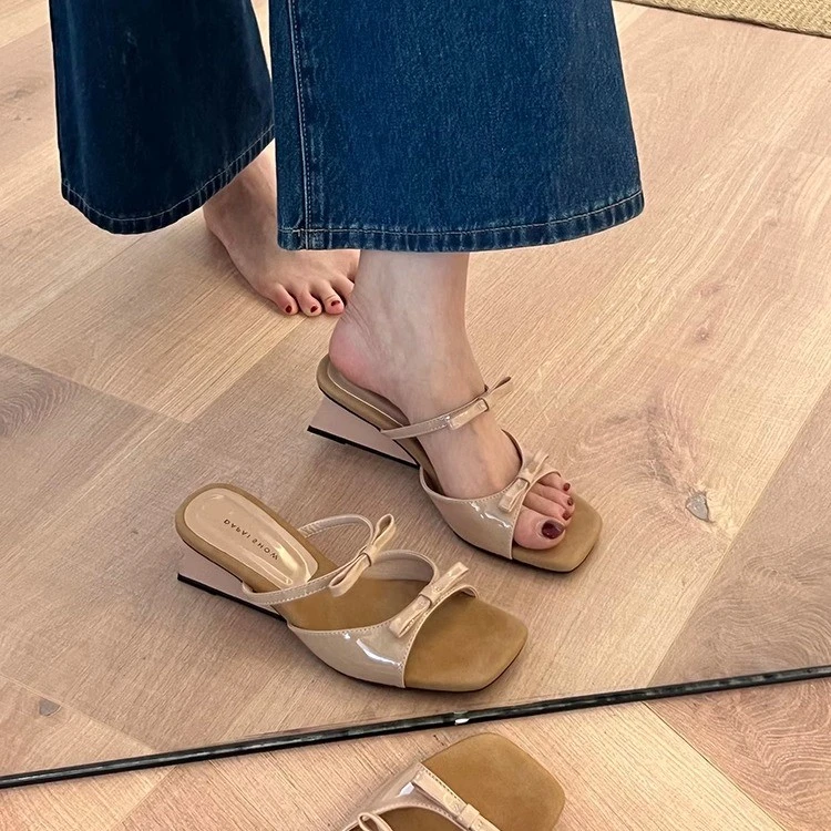 帕可妮裸色高跟鞋女不累脚坡跟一脚蹬法式气质女鞋夏季蝴蝶结露趾