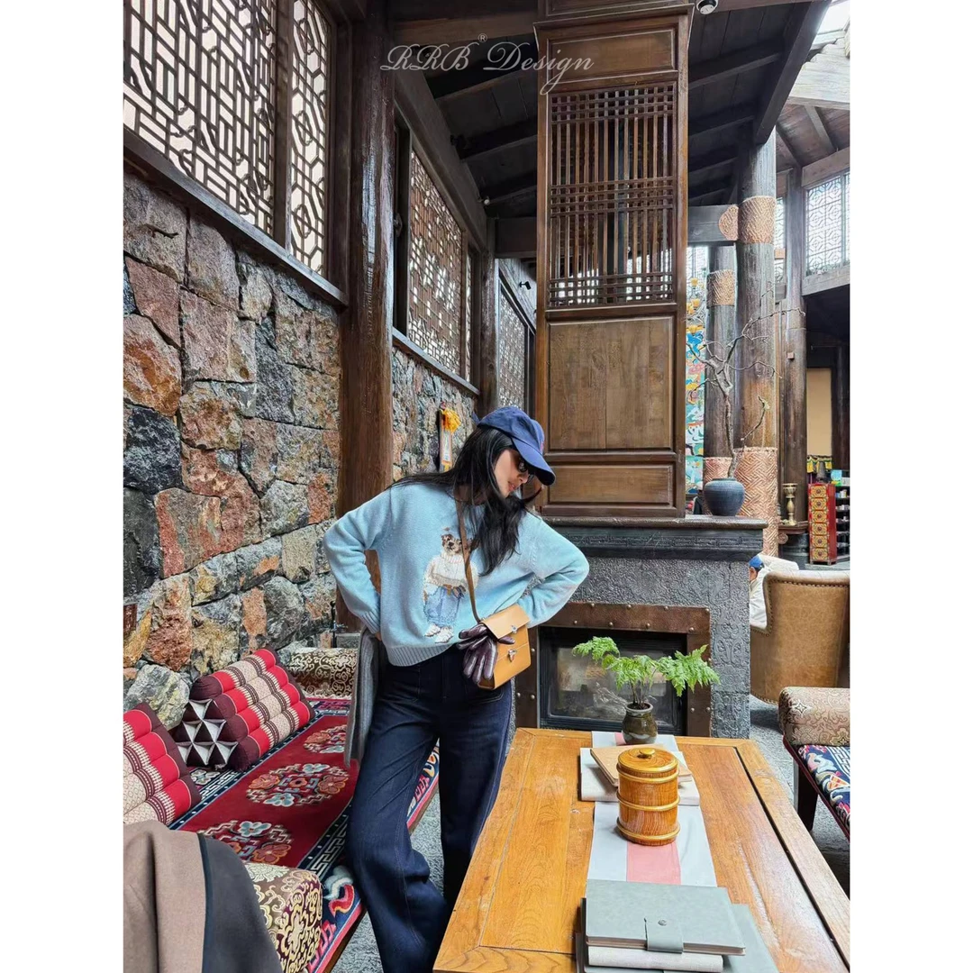 RRB Design 山羊绒+棉混纺绅士熊先生百搭保暖套头毛衣