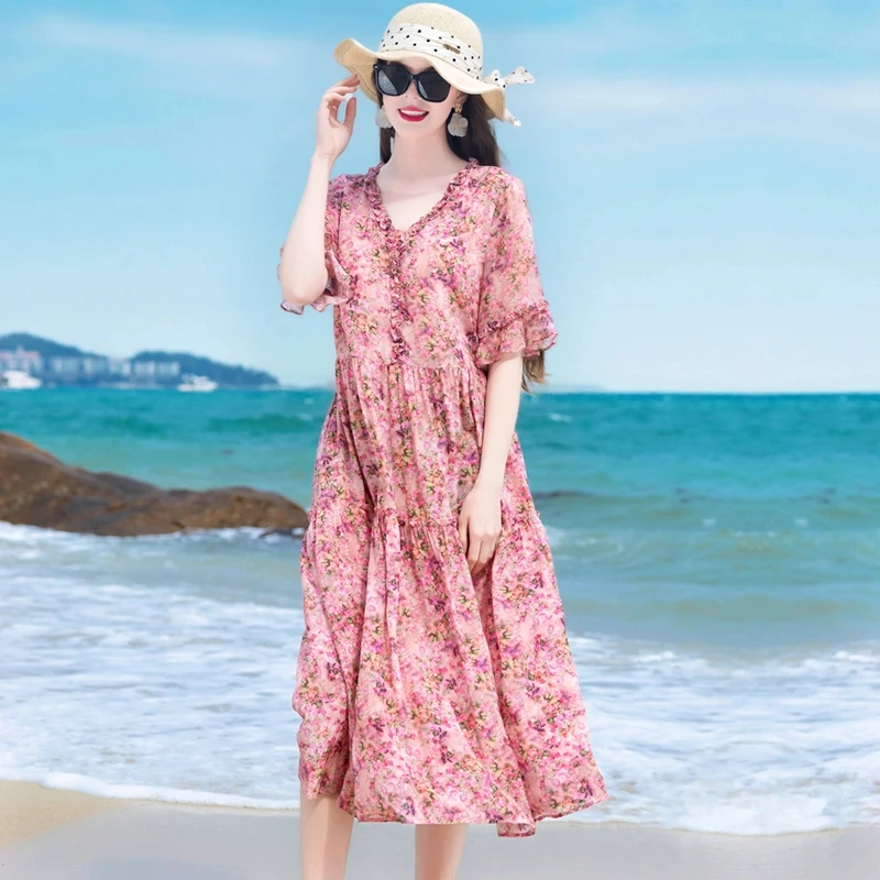 普拉妮2025夏季新款真丝桑蚕丝连衣裙女短袖高腰气质感长裙-712