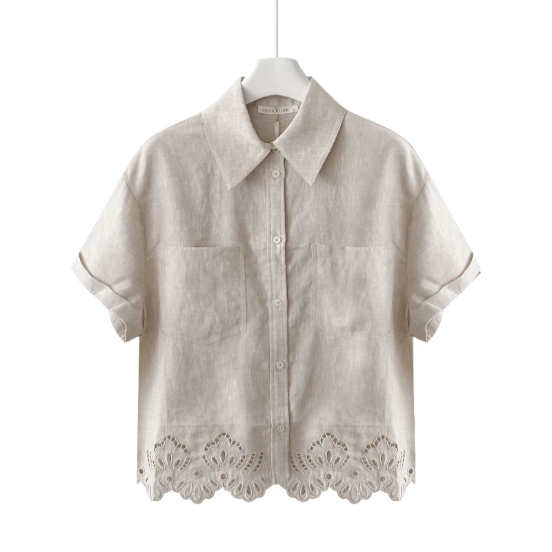 ID 女士100%亚麻马德拉镂空短袖衬衫650443