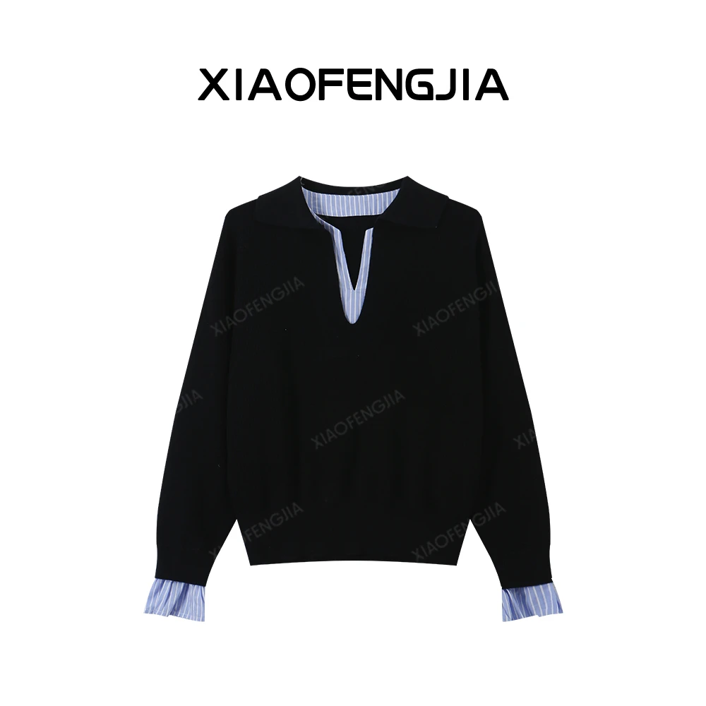 2025 春季新款【四季青小封家轻奢】假两件撞色拼接条纹针织衫12514