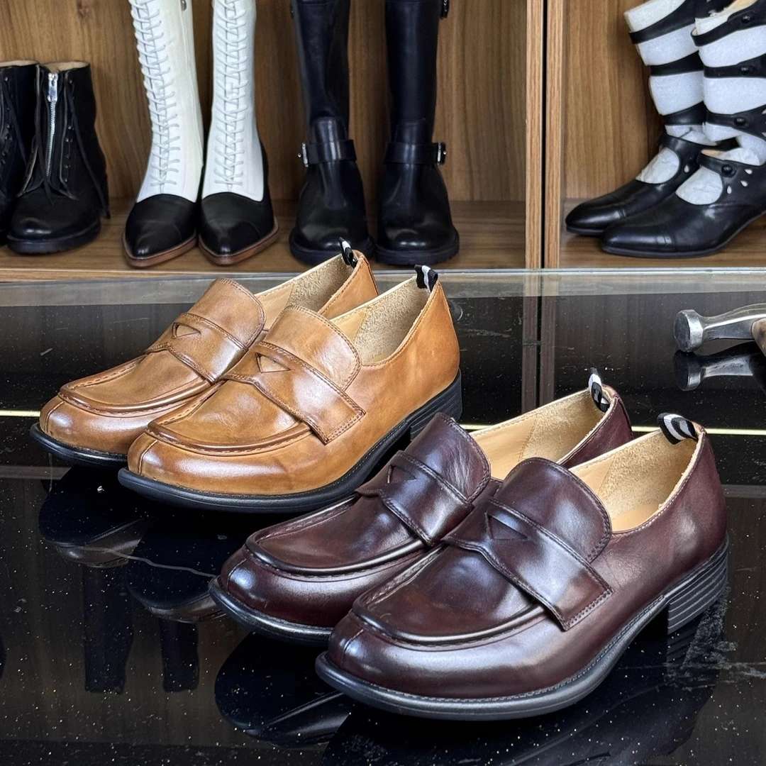 女士方跟牛津鞋复古中跟英伦风浅口乐福鞋百搭日杂风真皮多色皮鞋