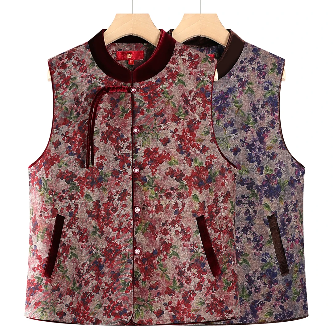 休闲马夹外套常规无袖复古圆领纽扣中老年女装宽松型