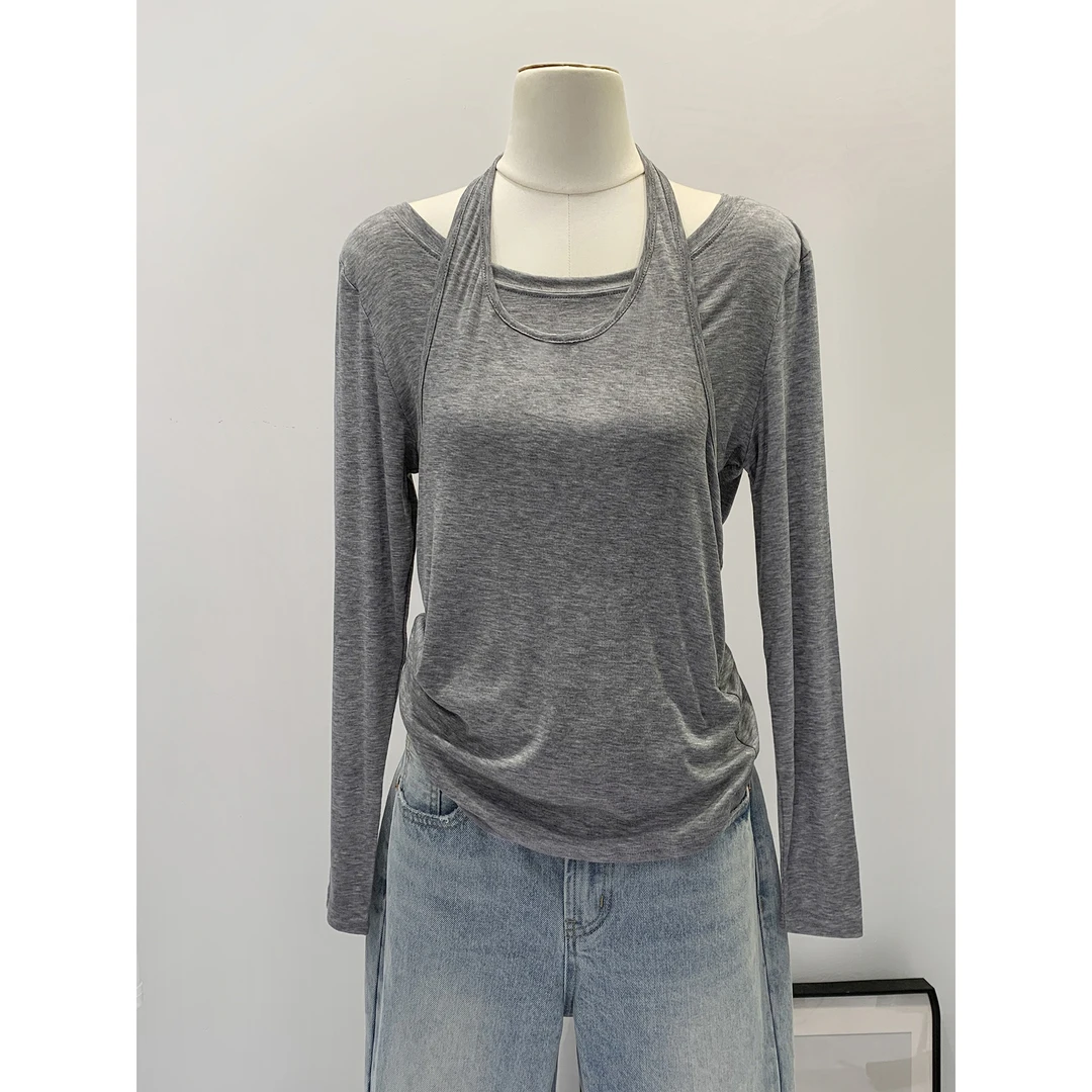 莱赛尔天丝高级感假两件灰色背心防晒罩衫长袖T恤女夏季绝美上衣