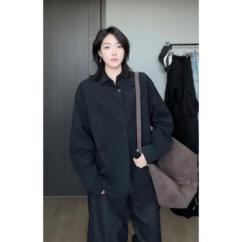 美式cleanfit黑色长袖衬衫男女早秋季高级感宽松休闲男生衬衣外套