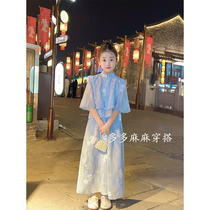 女童新中式国风中袖+裙裤两件套刺绣气质款套装23922#